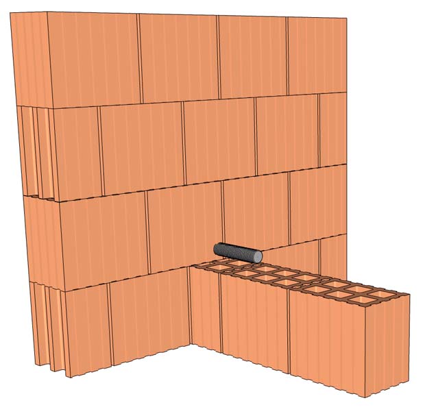 Een gemetselde muur met snelbouwsteen wordt verankerd met staven in de bestaande wand